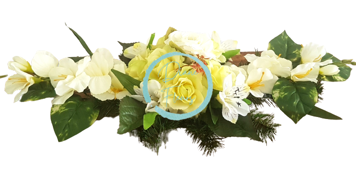 Composizione in cemento di rose artificiali, gladioli, alstroemeria e accessori 65 cm x 25 cm x 18 cm AS189