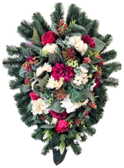 Coroana "frunze" de bujori artificiali, dalii, hortensii, ciulini si accesorii 95cm x 60cm