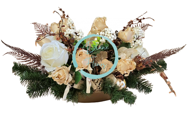 Žalni aranžma iz umetnih vrtnic, praproti, jagodičja, božičnih kroglic in dodatkov 75cm x 50cm x 38cm