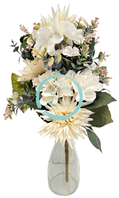 Ekskluzywny bukiet sztuczny Dalie, Hortensje i dodatki 52cm x 30cm kremowy