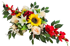 Žalni aranžma umetne sončnice, vrtnice, gladiole in dodatki 80cm x 50cm x 24cm