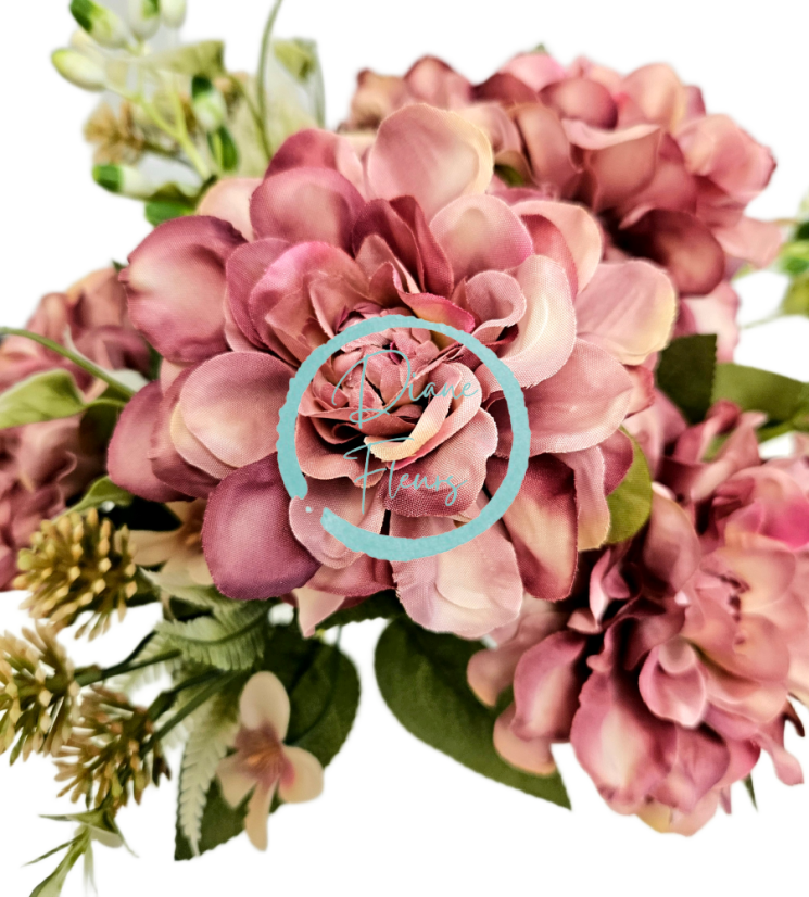 Piękny sztuczny bukiet dalii z dodatkami 38cm Old Pink