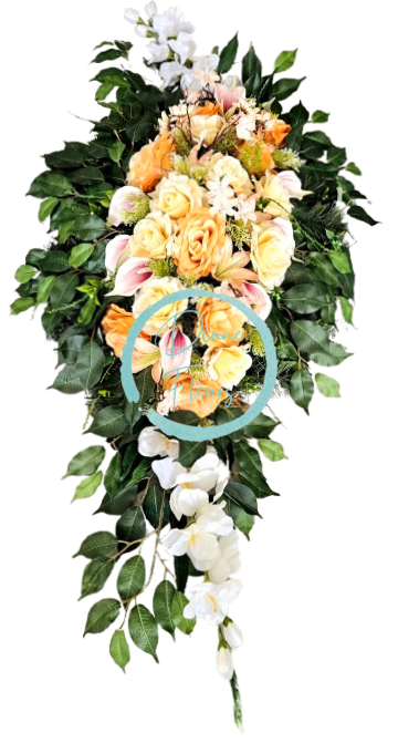 Smútočný veniec esíčko umelé ruže, kaly, gladioly a doplnky 130cm x 65cm