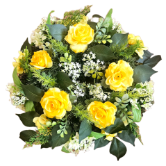 Погребален венец от борови рози, теменужки и аксесоари 42 см