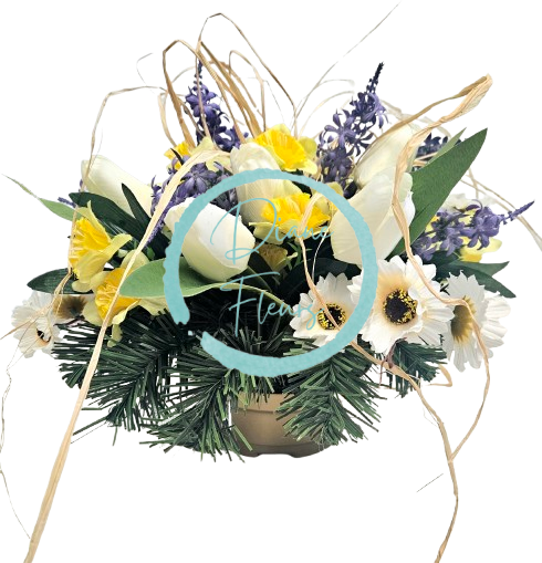 Composizione in cemento di tulipani artificiali, narcisi, margherite, lavanda e accessori 36 cm x 26 cm AS965