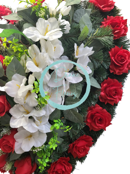 Smútočný veniec "Srdce" z umelých ruží a gladiol 80cm x 80cm