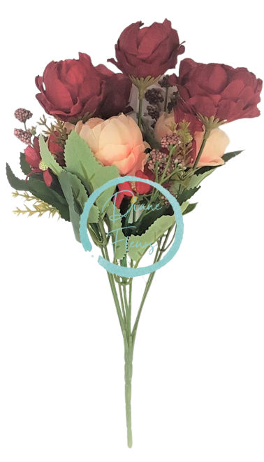 Bazsarózsa csokor "7", 30 cm bordó és rózsaszín művirág