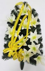 Artificial Sympathy Wreath 18,1 x 13,7 inches (46cm x 35cm) with Lilies and Sympathy Ribbon in Cellophane White