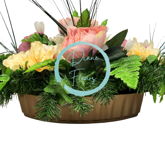 Aranjament pentru cimitir de bujori artificiali, dalii, margarete si accesorii 70cm x 35cm x 25cm