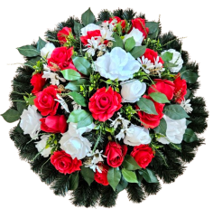 Künstlicher Trauerkranz dekoriert mit Rosen, Gänseblümchen und Accessoires 70cm