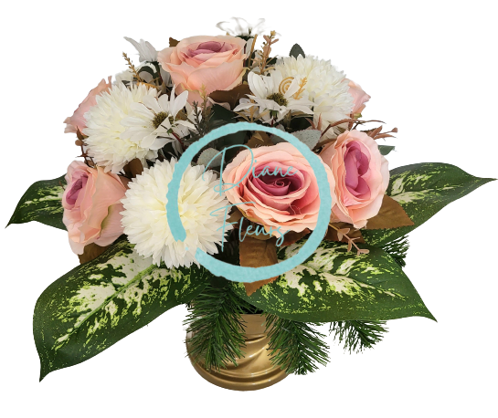 Kompozycja żałobna sztuczne chryzantemy, róże i dodatki 40cm x 40cm