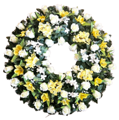 Nagy temetési koszorú műrózsákkal, liliomok, alstroemeria és kiegészítőkkel Ø 85cm