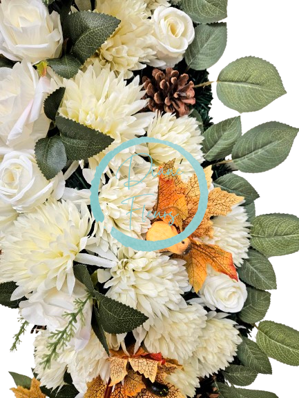 Smútočný veniec esíčko umelé ruže, chryzantémy a doplnky 115cm x 45cm