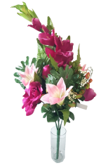 Razkošen šopek vrtnic, lilij, gladiolov in dodatkov 70 cm bordo in roza