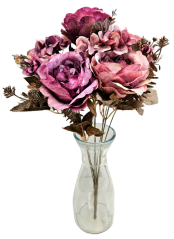 Buchet de trandafiri & hortensii 48cm flori artificiale violet, roz