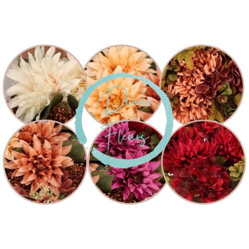 Umelá kytica dahlie a doplnky 50cm broskyňová, vínová