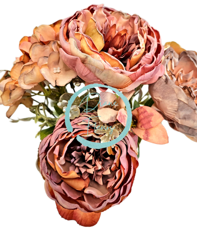 Изкуствен букет от божури, хортензии и аксесоари х9 44 см оранжево, лилаво