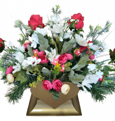 A beautiful sympathy arrangement in the shape of a heart made of artificial Marguerites Daisies, Roses, Camellias and Accessories 70cm x 28cm x 35cm