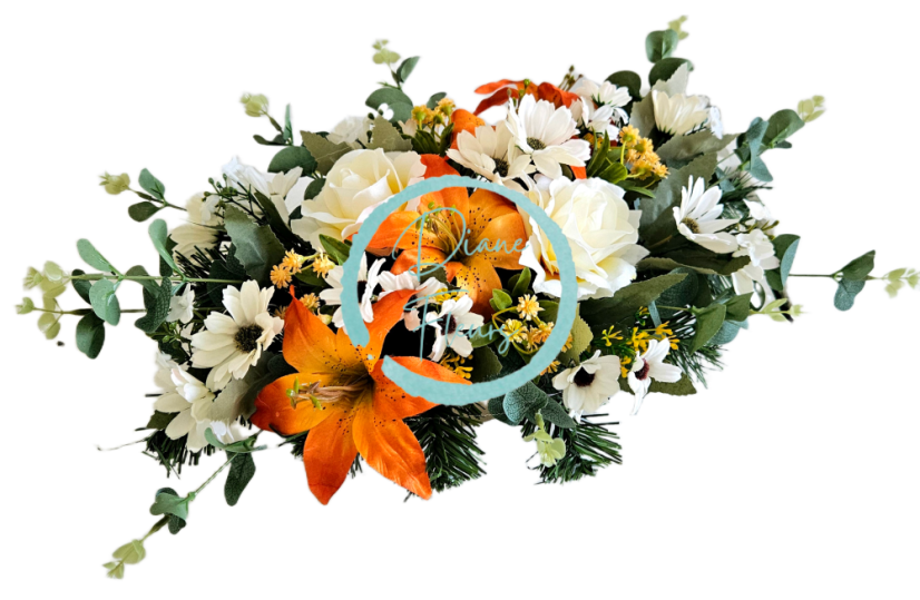 Trauergesteck aus künstliche Rosen, Gänseblümchen, Lilien und Accessoires 50cm x 35cm x 18cm AS1077