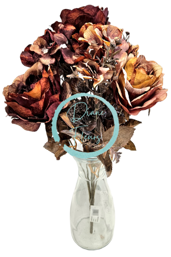 Artificial Roses & Hydrangea Bouquet 48cm Brown