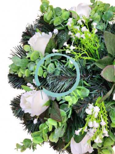Smuteční věnec "kruh" z umělých růží, eukalyptus a doplňky Ø 40cm