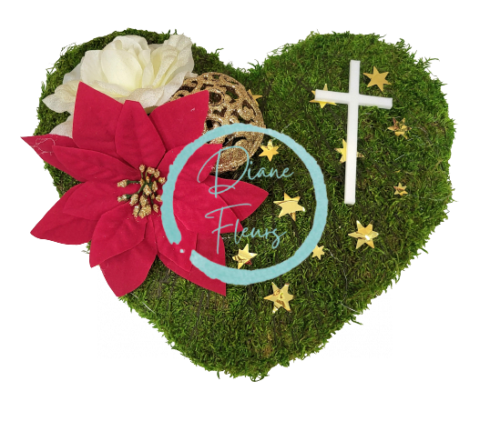 Vianočný machový veniec Srdce s Poinsettiou vianočnou hviezdou, vianočnou guľou a doplnkami 27cm x 25cm