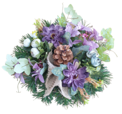 Kompozycjaowa sztuczne gerbery, kamelie i akcesoria 23cm x 17cm