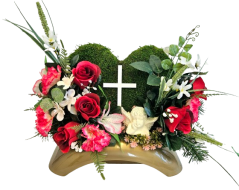 Trauergesteck aus künstliche Rosen, Nelken, Engel, Mooskranz und Zubehör 46cm x 20cm x 28cm
