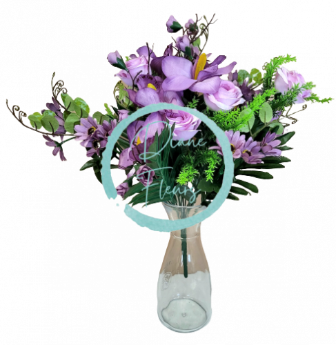 Luxus mesterséges csokor rózsák, orchideák, százszorszépek 50cm lila