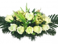 Wunderschönes Trauergesteck aus Kunstrosen und Accessoires 53cm x 27cm x 23cm creme, grün