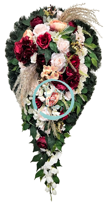 Temetési koszorú "Könny" rózsák, hortenzia, bazsarózsa, kardvirág és kiegészítők 120cm x 60cm