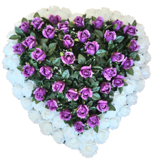 Coroana funerara „Inimă” din trandafiri 80cm x 80cm violet, alb