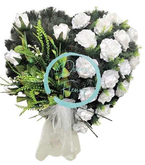 Coroana „Inimă” din trandafiri artificiali si accesorii 65cm x 65cm