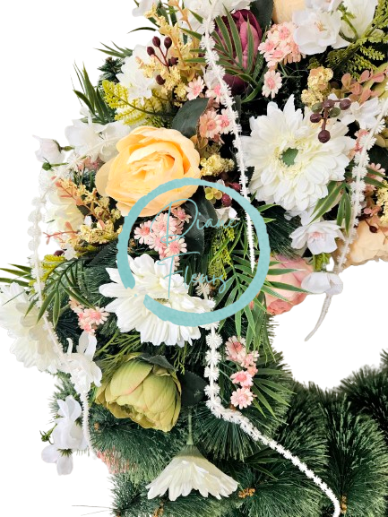 Coroană funerara de pin Exclusiv Bujori artificiali, Gerbere si Accesorii Ø 100cm