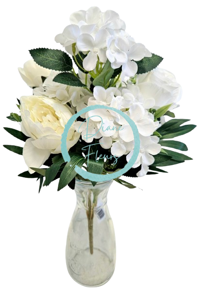 Bukiet piwonie, róże i hortensje 46cm sztuczny biały, kremowy