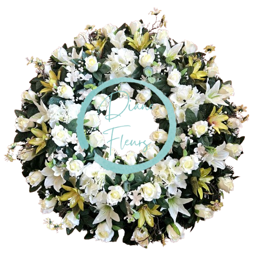 Coroana mare cu trandafiri, crini artificiali, hortensii și accesorii Ø 85cm