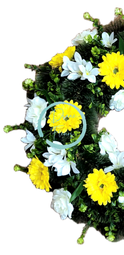 Coroană funerara de pin Exclusiv gerbere, trandafiri, alstroemerii si accesorii 65cm