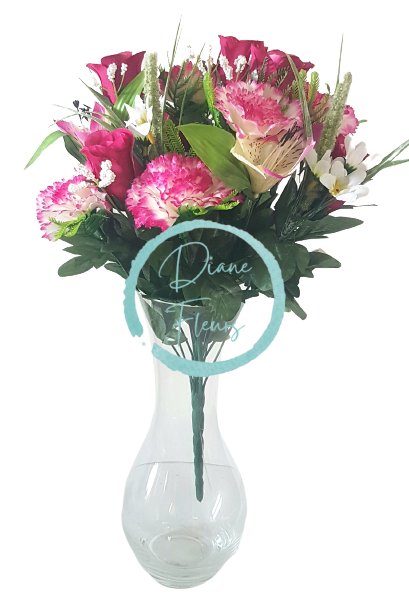 Ruža & Alstromeria & Karafiát x18 kytica vínová 50cm umelá