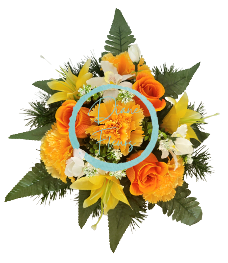 Aranjament pentru cimitir de garoafe artificiale, trandafiri, orhidee, crini și accesorii Ø 30cm x 20cm