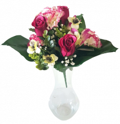 Szegfű, Rózsák és Alstroemeria csokor x13 35cm bordó művirág
