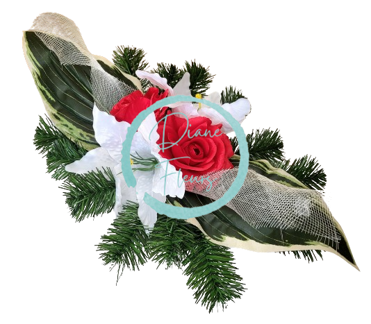Aranjament pentru cimitir de trandafiri artificiali, crini si accesorii 50cm x 27cm x 16cm