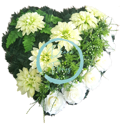 Umelý smútočný veniec "Srdce" Dahlie & Ruže & doplnky 55cm x 55cm Umelý smútočný veniec "Srdce" Dahlie & Ruže & doplnky 55cm x 55cm