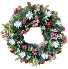 Künstliche Trauerkranz Exklusiv Rosen, Gänseblümchen, kleine Blumen, Disteln und Zubehör 80cm