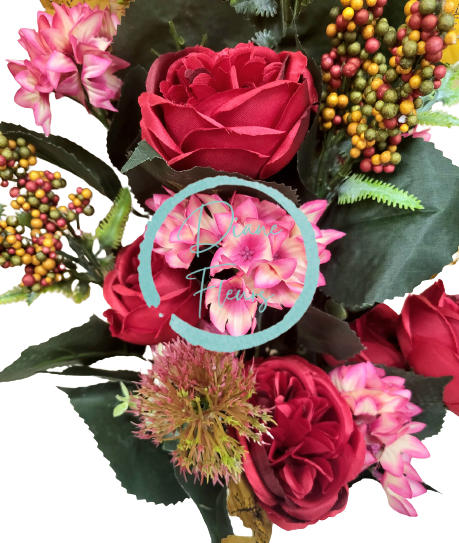 Луксозен изкуствен букет от божури, хортензия, магарешки бодил и аксесоари х18 65 см