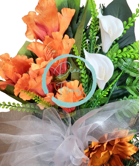 Umělá smuteční kytice do ruky z irisu, kaly, slunečnice a doplňků 73cm x 35cm AS729