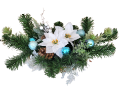 Sympathy arrangement made of artificial Poinsettia, Berries, Christmas balls and Accessories 60cm x 25cm x 18cm