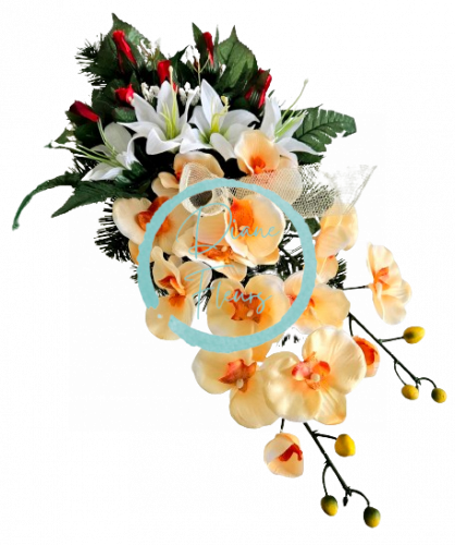 Smuteční aranžmán betonka exclusive umělé orchideje, lilie a doplňky 60cm x 28cm x 20cm