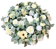 Temetési fenyőkoszorú Exkluzív rózsák, krizantém, dáliák, clematis és kiegészítők 80cm
