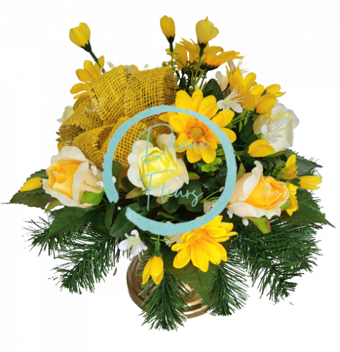 Sympathy arrangement made of artificial Marguerites Daisies, Roses and Accessories Ø 35cm x 35cm