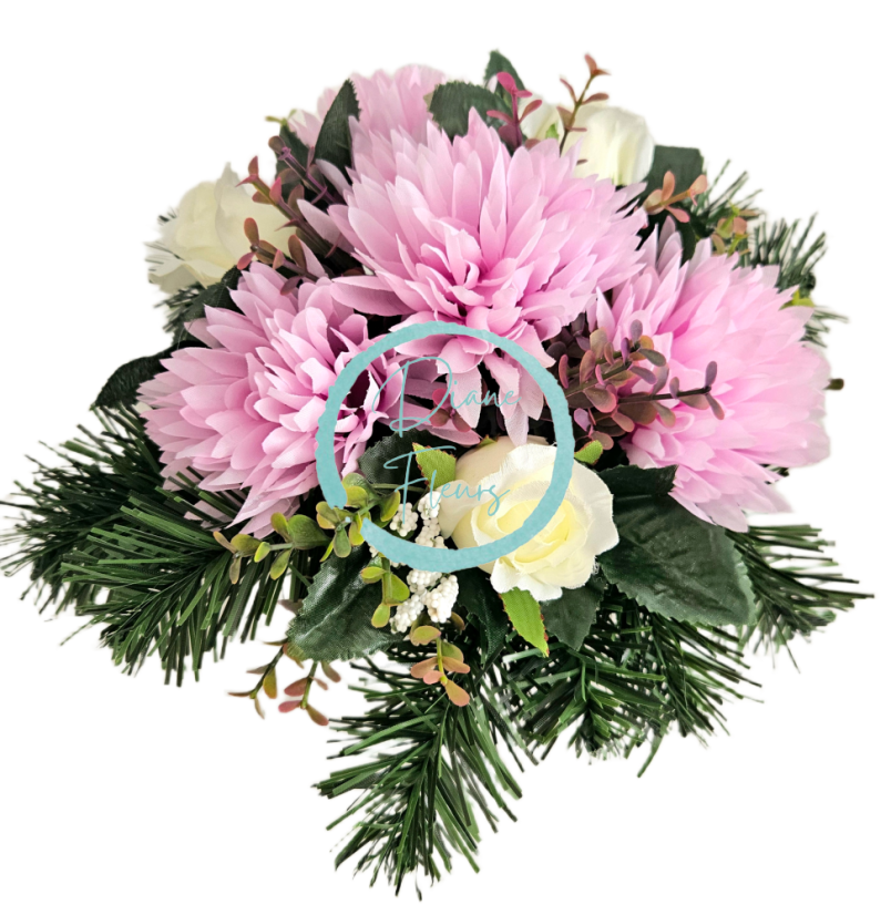 Trauergesteck aus künstlichen Chrysanthemen, Rosen und Accessoires 28cm x 18cm AS1090